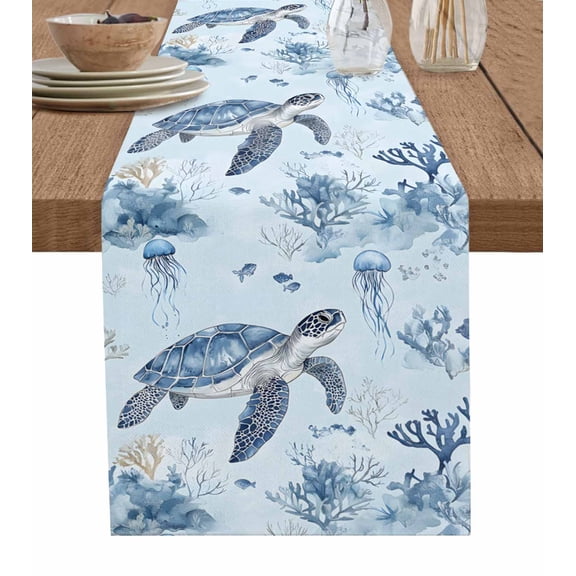 Ldtrchee Blue Coastal Nautical Table Runner 72 Inches, Coral Beach Ocean Turtle Bed Runner Dresser Scarves Tabletop for Indoor Outdoor Parties/Ceremony/Banquet, 13" x 72"