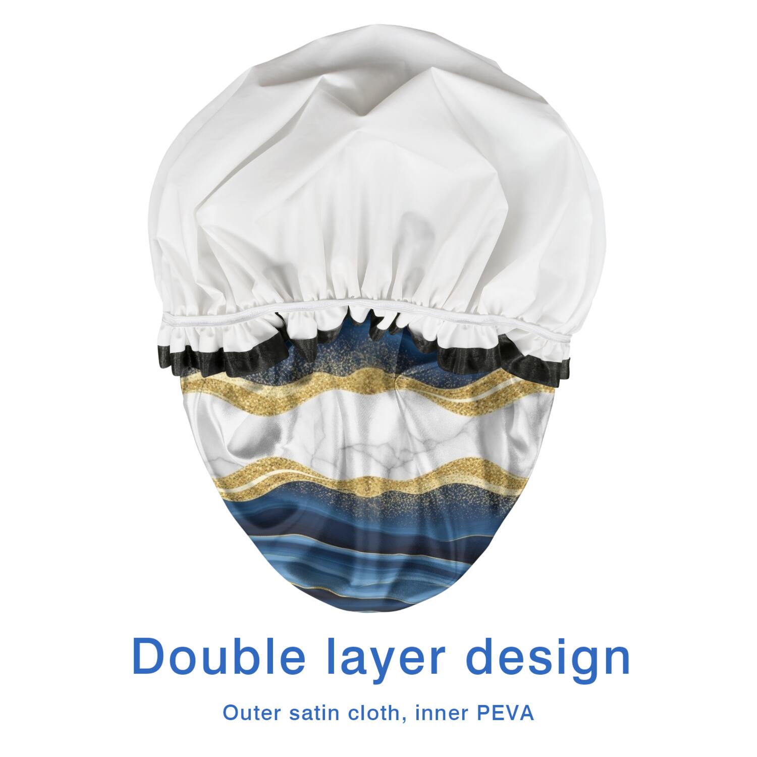 Shower Caps,Blue Gold Wave Marble Pattern Waterproof Shower Cap for Women 4 Pieces,Double Reusable Hair Cover for Shower PEVA Elastic Stretch Hem
