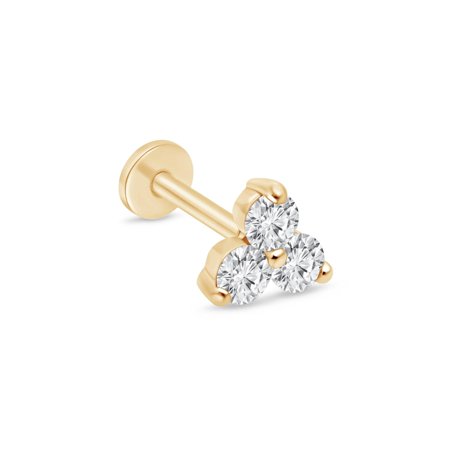 Natural Diamond Trinity Flat Back Earring for Women 14K Gold Stud Threaded Earring for Upper Cartilage Conch Tragus Helix Piercing Jewelry
