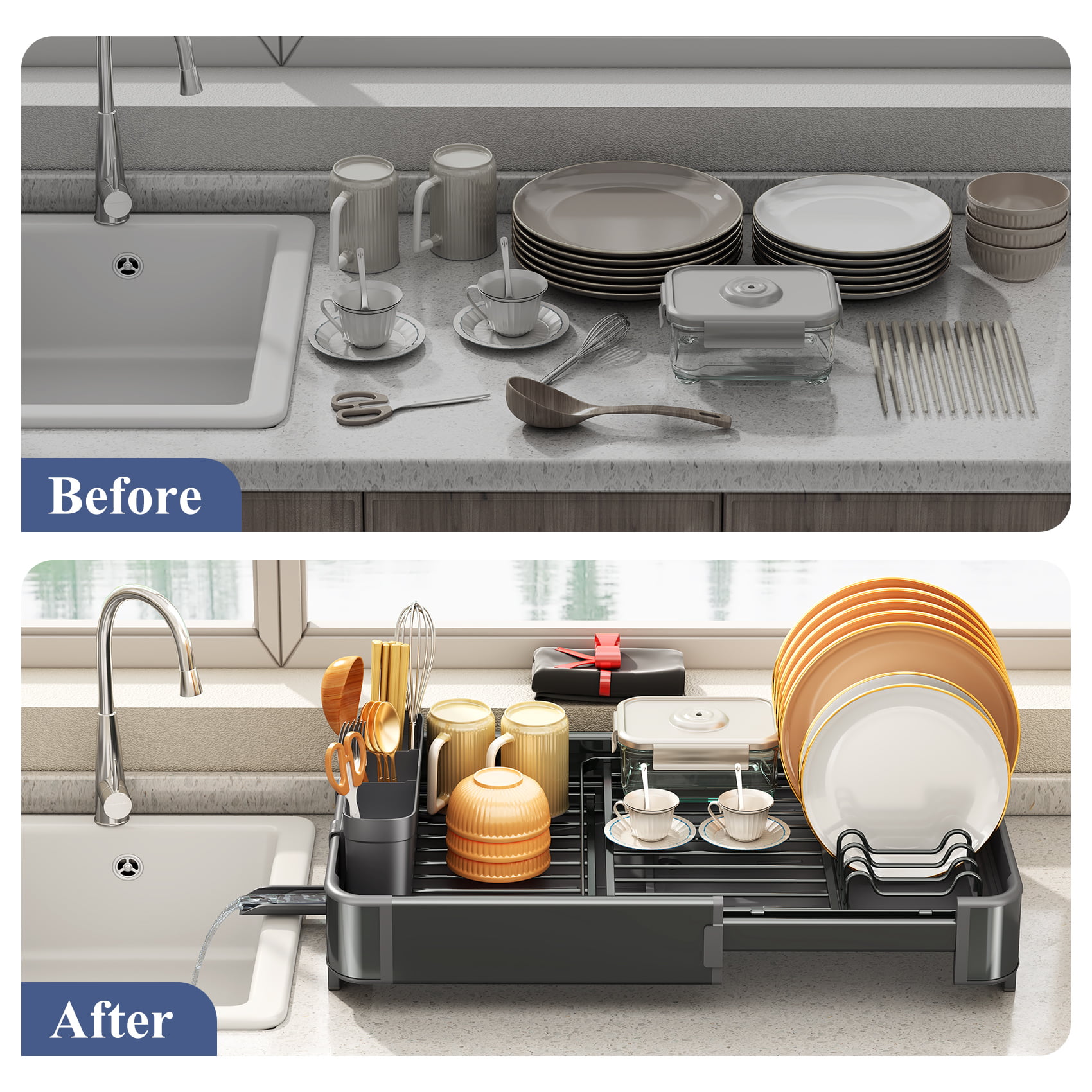  Klvied Dish Rack with Swivel Spout, Dish Drying Rack