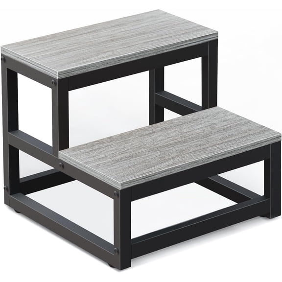 Heavy Duty 2-Step Stool for Adults & Kids - 500lb Capacity Steel Frame with Non-Slip Wooden Platform, Grey - Multi-Purpose Stool for Bathroom, Kitchen, Bedroom