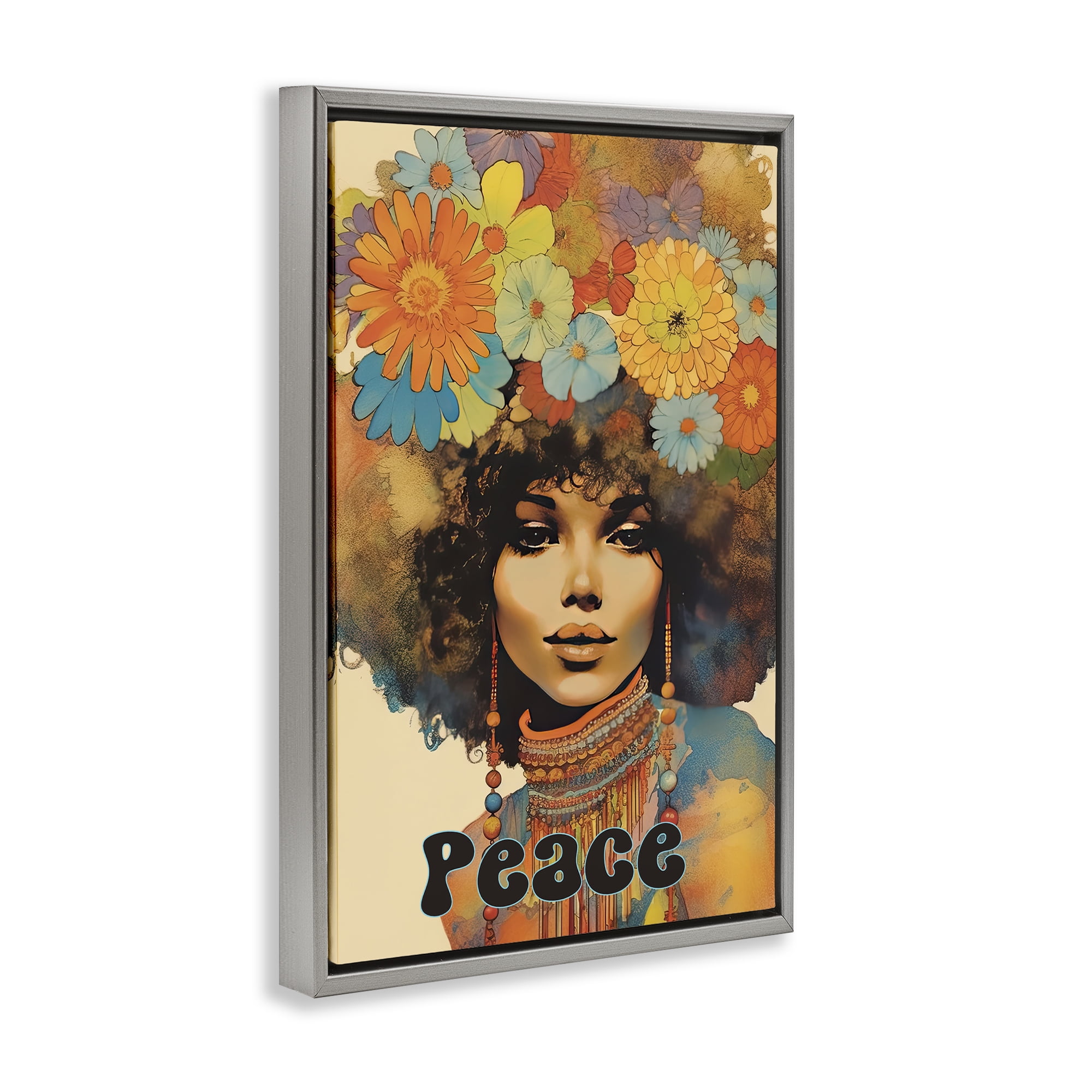 Peace Groovy Afro Girl Gray Framed Floater Canvas Wall Art, design by Sasha