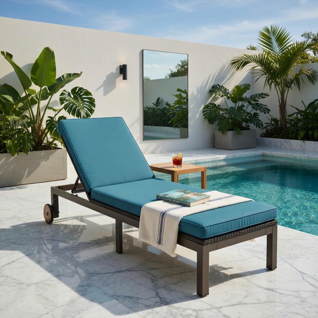 Hommoo Outdoor Chaise Lounge Chair, PE Rattan & Acacia Wood Recliner with Adjustable Backrest, Wheels & Removable Cushion for Patio, Deck, or Poolside, Turquoise
