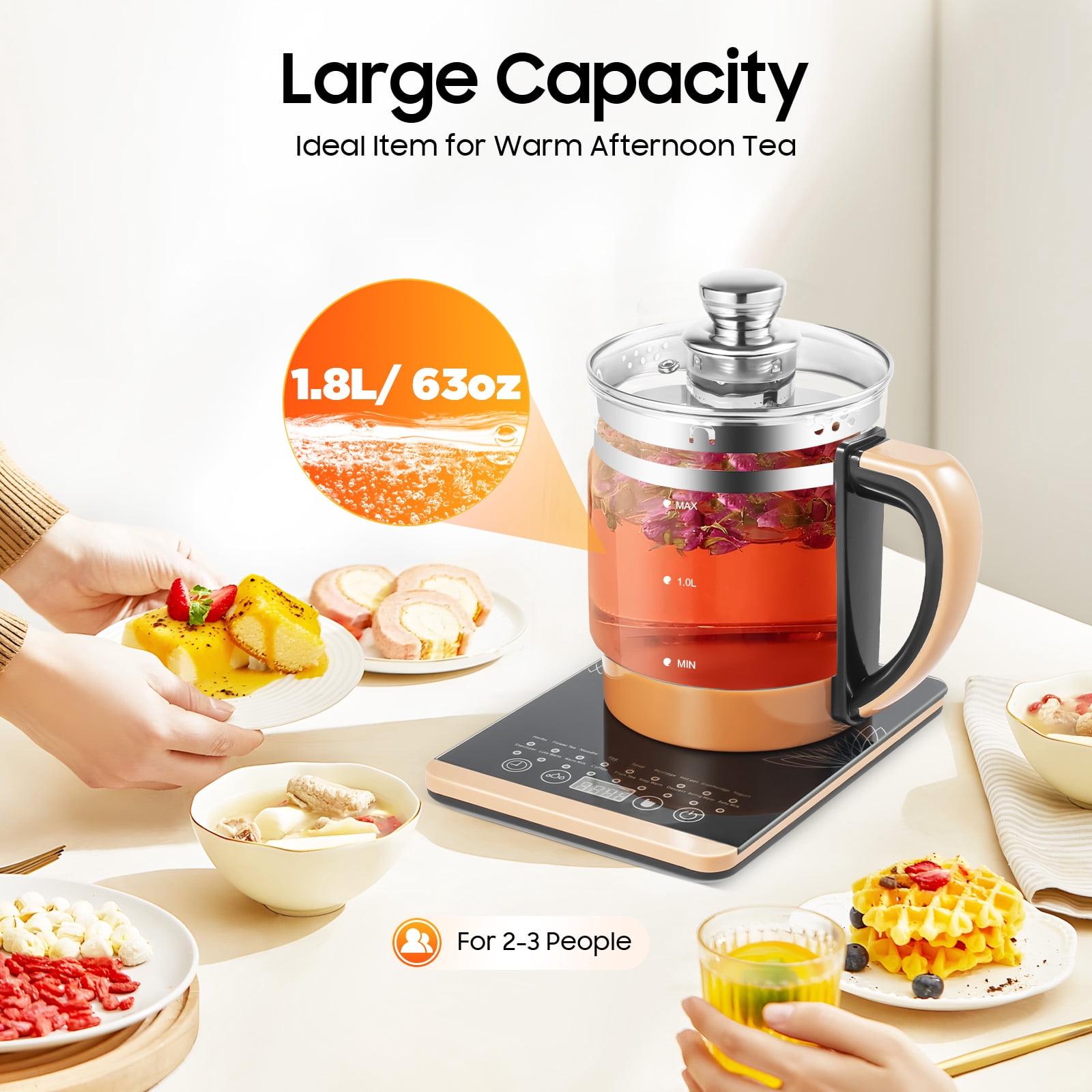 Electric Tea Kettle, 1.8L/0.4Gal Health Pot Electric Glass Kettle w/Filter+ Digital Heating Base, BPA-FREE & Boil-Dry Protection for Boiling Water Tea, Coffee