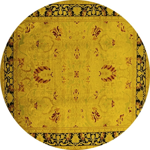 Ahgly Company Machine Washable Indoor Round Oriental Yellow Industrial Area Rugs, 3' Round