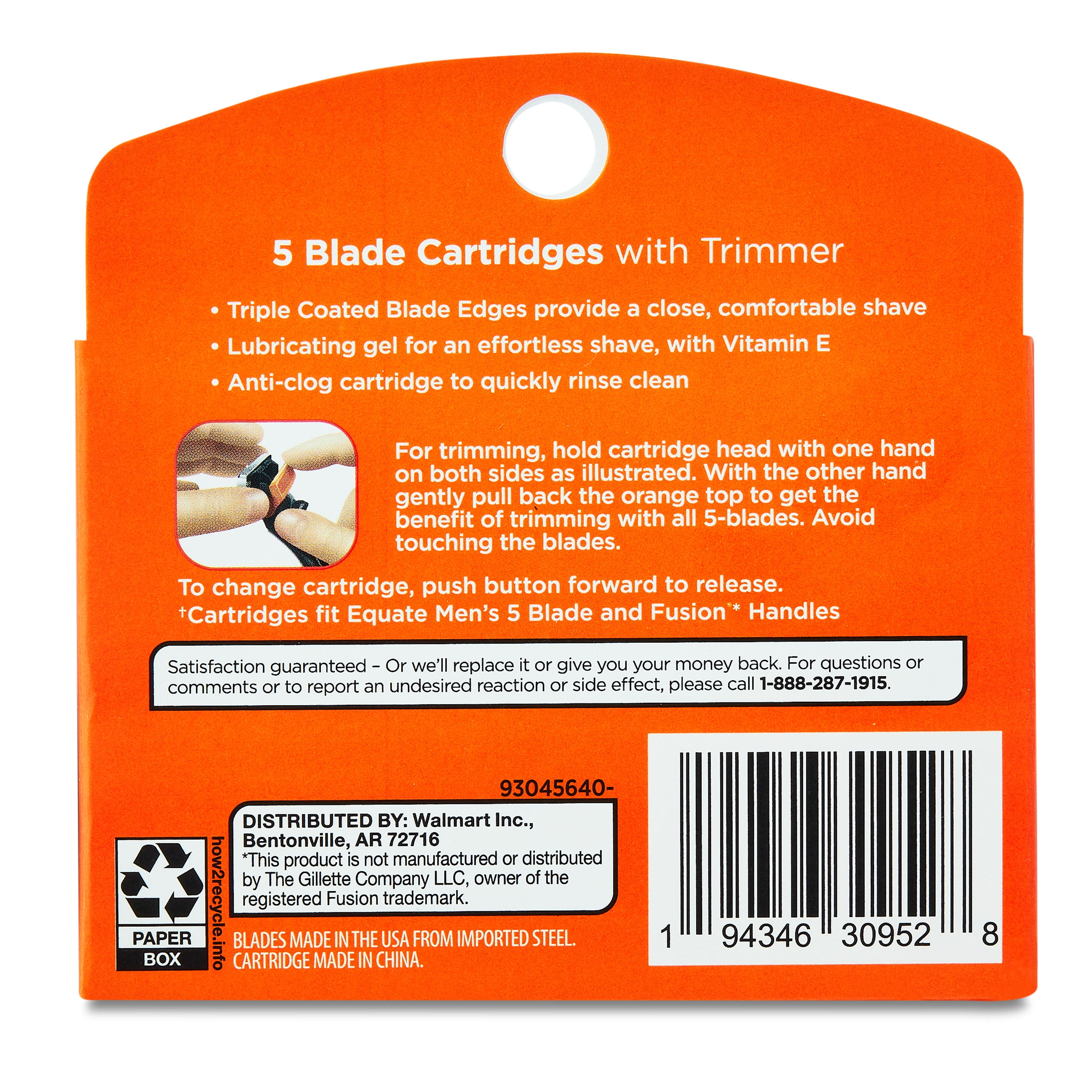 Equate Men's 5-Blade Cartridge Refills with Trimmer for Equate 5-Blade and Fusion Handles, 12 Count