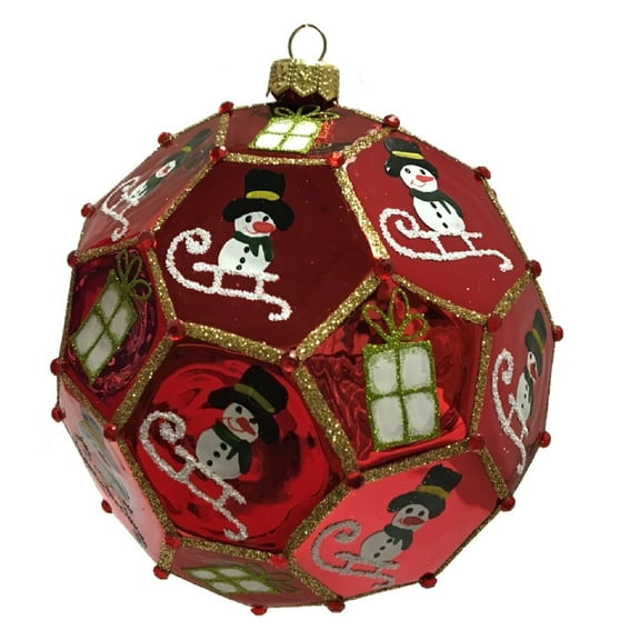 Large Red Snowman on Sled Polyhedron Ball Polish Glass Christmas Tree Ornament
