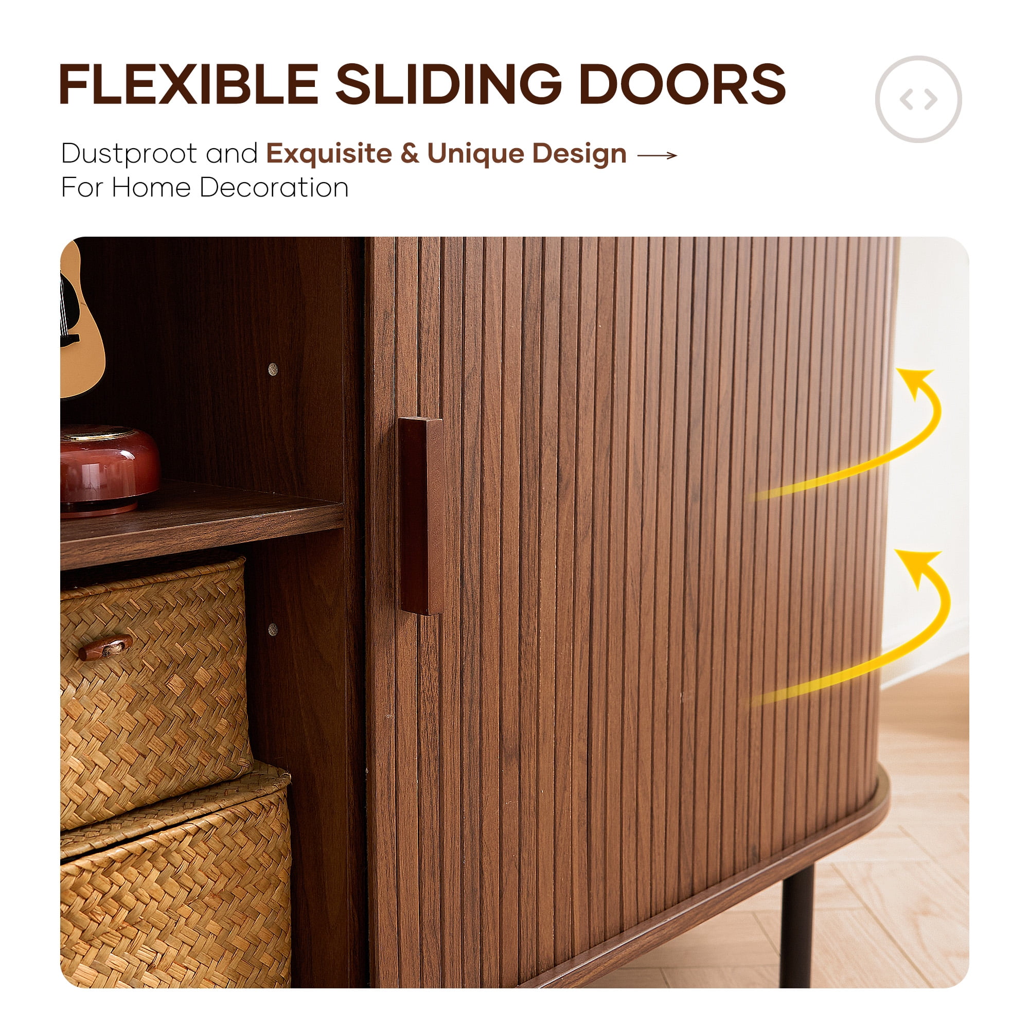MARNUR Sideboard Buffet Cabinet 55" Storage Cabinet with 2 Sliding Tambour Doors, Adjustable Shelves for Kitchen Office Bedroom Hallway Entryway, Walnut