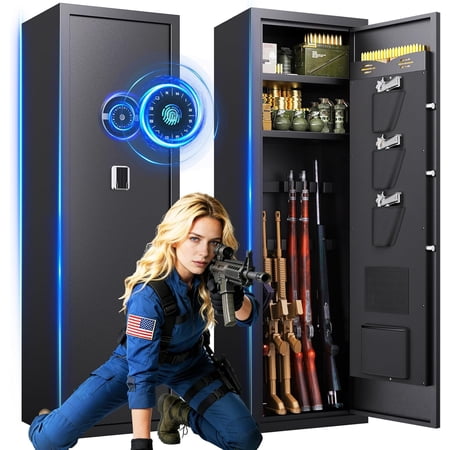 8-12 Gun Safe for Rifles and Pistols Biometric Fingerprint Lock No Assembly Required Fireproof Gun Safe for Home with Removable Gun Shelf Alarm System Silent Mode (57 H × 12 D × 14 W)
