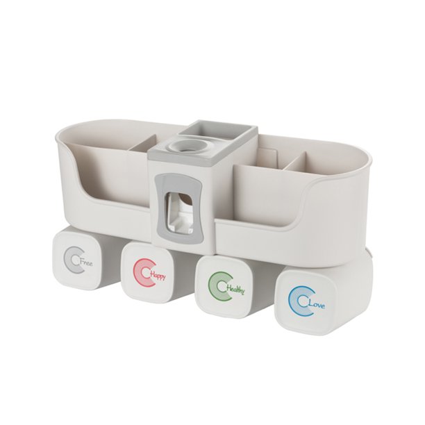 Organizador de baño multifuncional con dispensador de pasta dental, soporte para 8 cepillos y 4 vasos, montaje adhesivo sin necesidad de taladrar, color blanco grisáceo, ideal para familias.