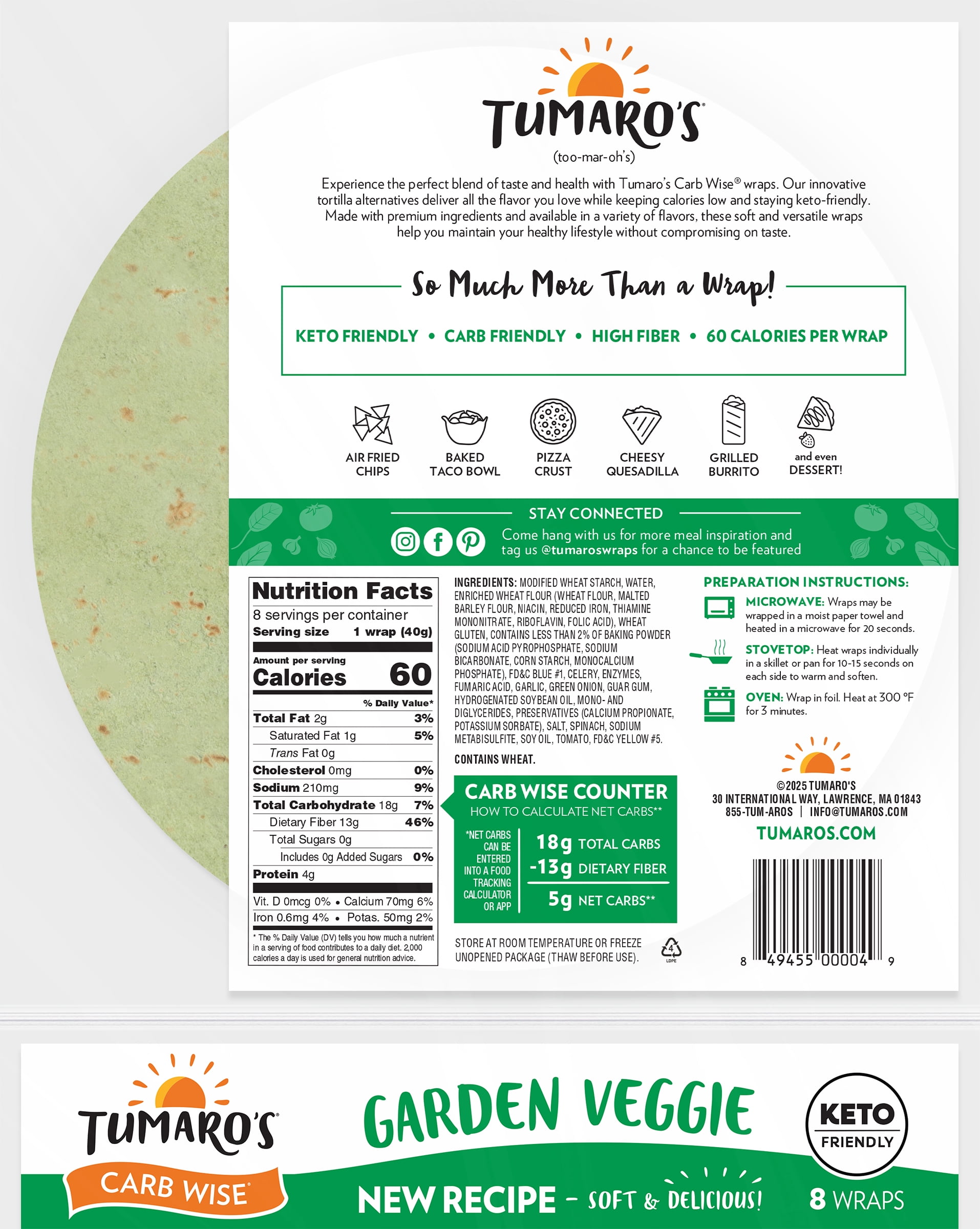 Tumaro's Garden Veggie Carb Wise Vegetable Tortilla Wraps, 3 pack, 24 Count