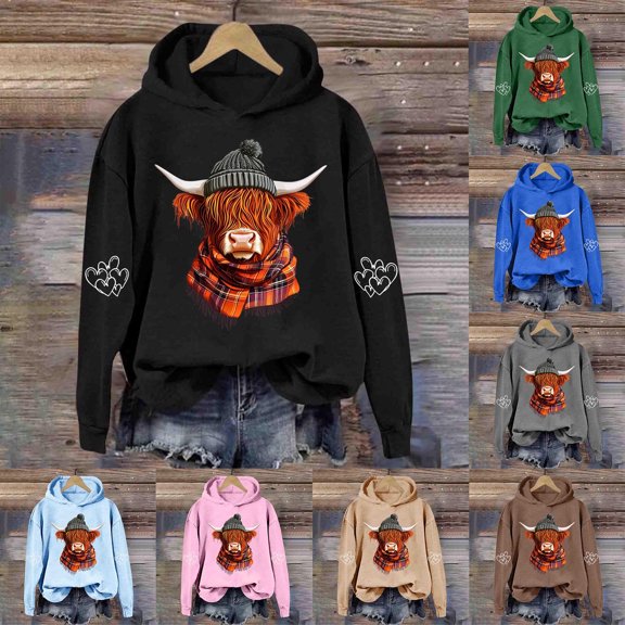 Hilzaten Womens Casual Tops Pullover Print Long Sleeve Loosse Hooded Sweatshirt for Women