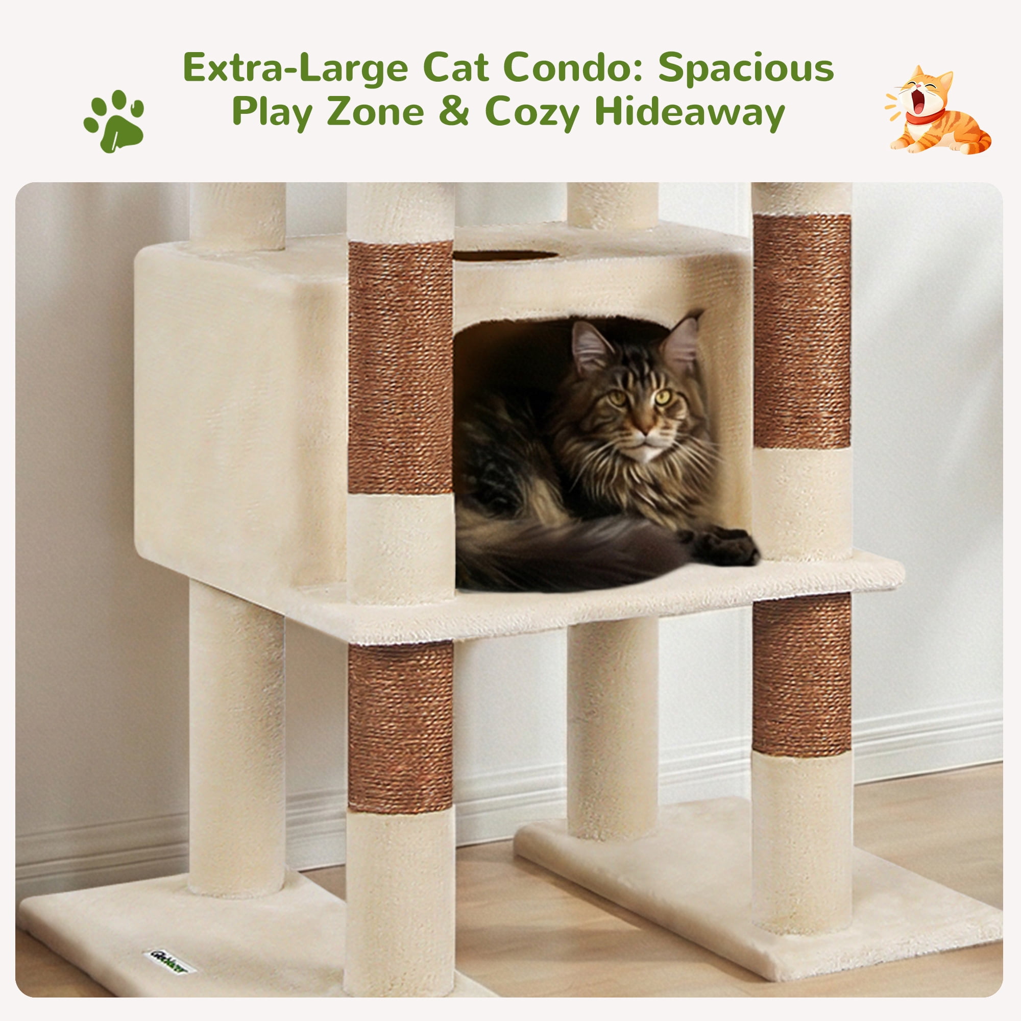 Globlazer 84" Large Corner Cat Tree , Multi-Level Cat Tree Fan-Shaped Tower with 2 Condos, Sisal Scratching Posts & Hammock, Beige