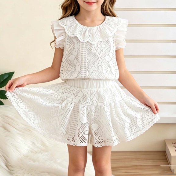 Amidoa Girls 2 Piece Outfits Summer Clothes Cute Short Sleeve and Casual Shorts Kids Clothing Sets Beige Size 5T