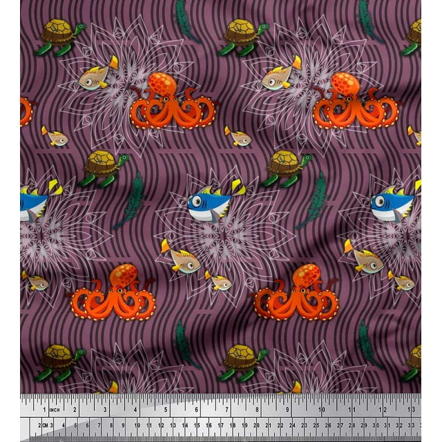 Soimoi Cotton Poplin Fabric Turtle,Fish & Octopus Ocean Print Fabric by The Yard 42 Inch Wide