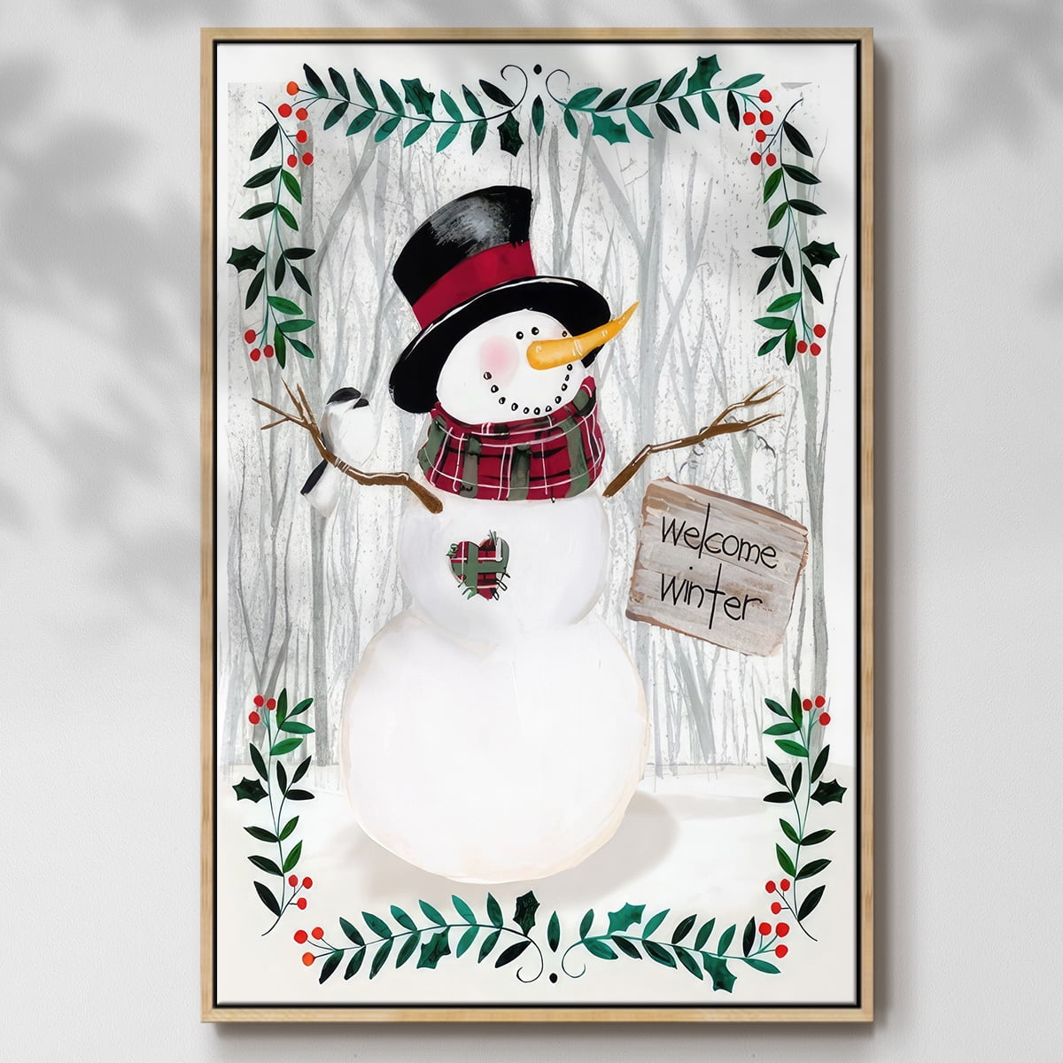 Folk Snowman Forest I - Framed Gallery Wrapped Holiday Canvas - 25 x 37 - Natural Wood Frame