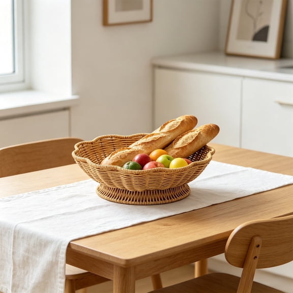Upgraded Hand Woven Rattan Fruit Basket, Round Wicker Snack Storage Bowl, Multifunctional Food Container for Kitchen Home Table Decor