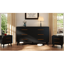 Noelse 3 Piece Bedroom Furniture Set, 6 Drawer Dresser with 2 Nightstands, Modern Wood Storage Organizer with Metal Handles for Bedroom, Living Room,Black