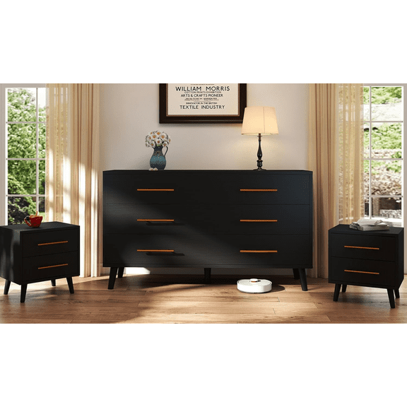 Noelse 3 Piece Bedroom Furniture Set, 6 Drawer Dresser with 2 Nightstands, Modern Wood Storage Organizer with Metal Handles for Bedroom, Living Room,Black