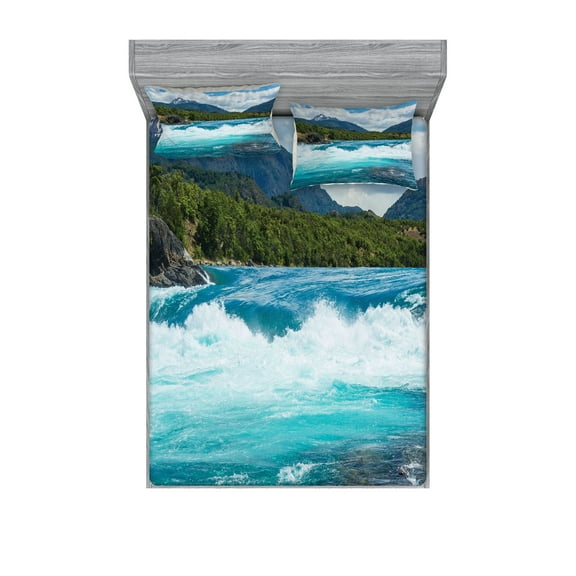 Ambesonne Landscape Fitted Sheet & Pillow Sham Set, River Cloudy Mountain, Queen, White Green Grey