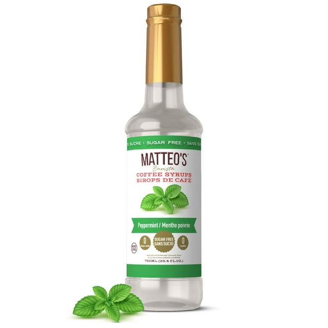 Matteo's Sugar Free Coffee Syrup, Peppermint flavor, 750mL bottle with a gold cap and a green label. The label features peppermint leaves and emphasizes '0 calories' and '0 sugar,' suitable for keto diets and enhancing coffee flavor.
