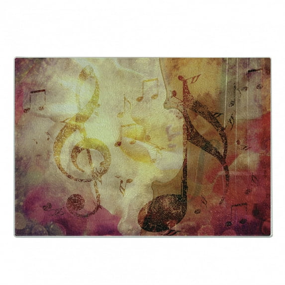 Music Cutting Board, Composition with Musical Themes Notes and Clef Design Colorful Grunge Illustration, Decorative Tempered Glass Cutting and Serving Board, Small Size, Multicolor, by Ambesonne