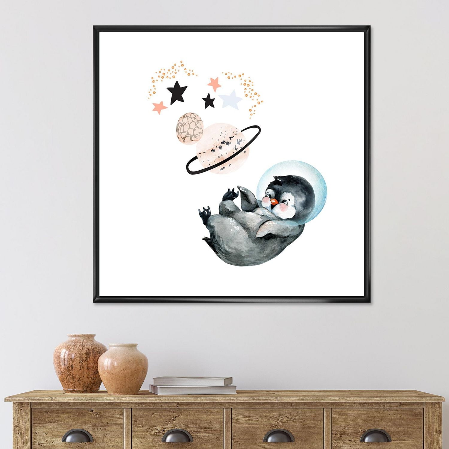 Designart Little Penguin With Stars and Planets I FLOAT FRAME WALL ART
