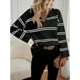 thumbnail image 3 of Women'S Casual Striped Long Sleeve V Neck Lightweights Pullover Sweater Loose Fit Drop Shoulder Knitted Shirt Tops Black L, 3 of 8