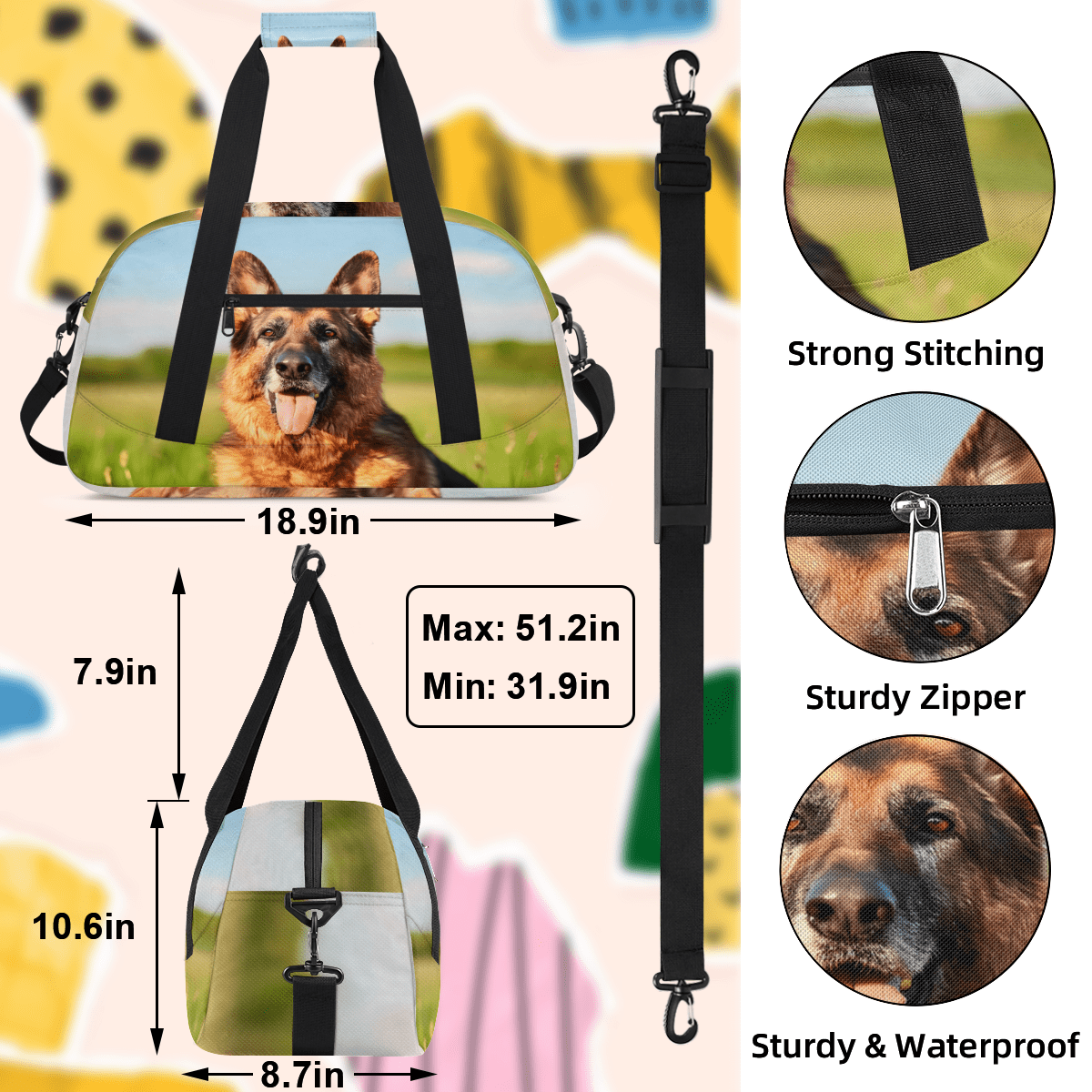 Herdesigns German Shepherd Dog Sports Duffle Bag for Women & Men, Gym Bag Dance Bag Overnight Bag Carry On Weekender Travel Bag