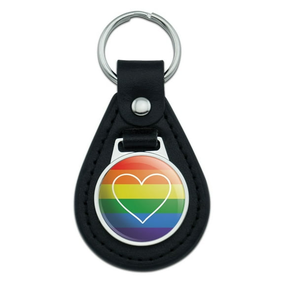 LGBTQ Gay Lesbian Transgender Bisexual Pride Heart on Rainbow Black Leather Keychain