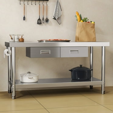 Uforic 60" x 24" Stainless Steel Prep Table with 2 Drawers, Paper Towel Holder, Adjustable Storage, Heavy-Duty Metal Workbench for Commercial, Home, Industrial