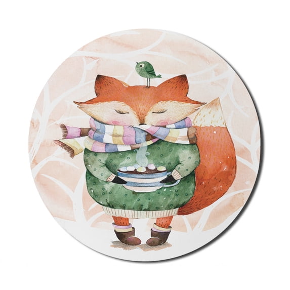 Watercolor Mouse Pad for Computers, Little Fox Wants to Drink Coffee with Its Bird Friend, Round Non-Slip Thick Rubber Modern Gaming Mousepad, 8" Round, Jade Green Pale Pink, by Ambesonne