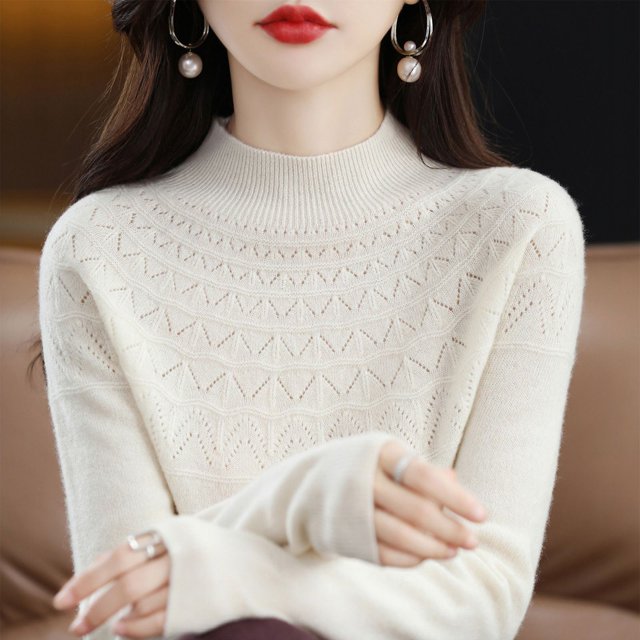 Suéter de punto de base corta con cuello alto y hueco para mujer, de pura lana sin costuras, confeccionado para otoño e invierno