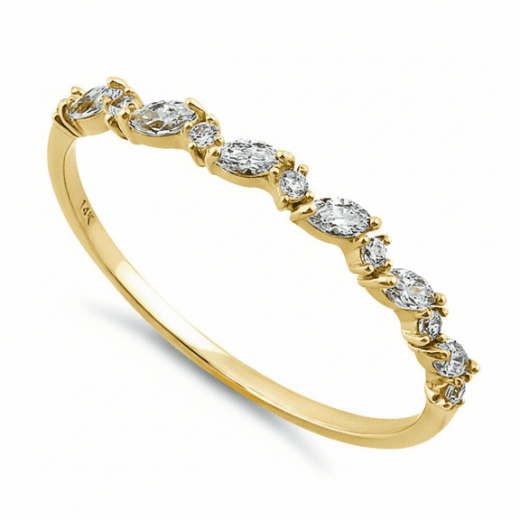Vinali 14K Solid Yellow Gold Marquise & Round CZ Half Eternity Band for Women – 13-Stone Prong Set Dainty Stackable Ring, High Polish Finish - Size 5