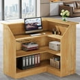 thumbnail image 2 of Finmind L-Shaped Reception Desk with Storage Shelves, Modern Front Counter Table for Office, Salon, Checkout Office, Light Brown, 2 of 6