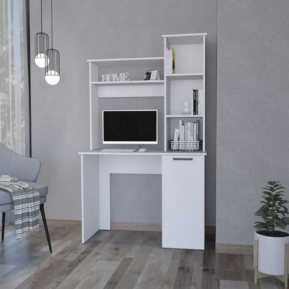 White 3-Tier Computer Desk with Hutch and Storage Cabinet