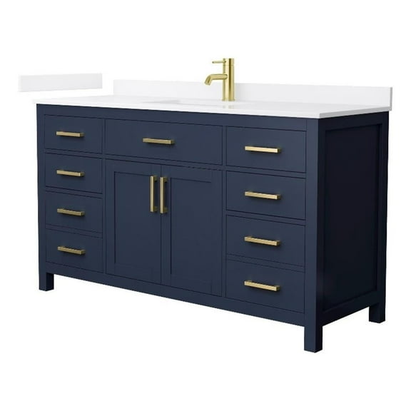 Beckett 60" Dark Blue Single Vanity & White Quartz Top (1-Hole) & Gold Trim