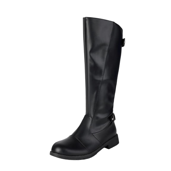 hopeusnice Round Toe Buckle Knee High Boots Men Leather Block Heel Boots for Daily Wear Black 38