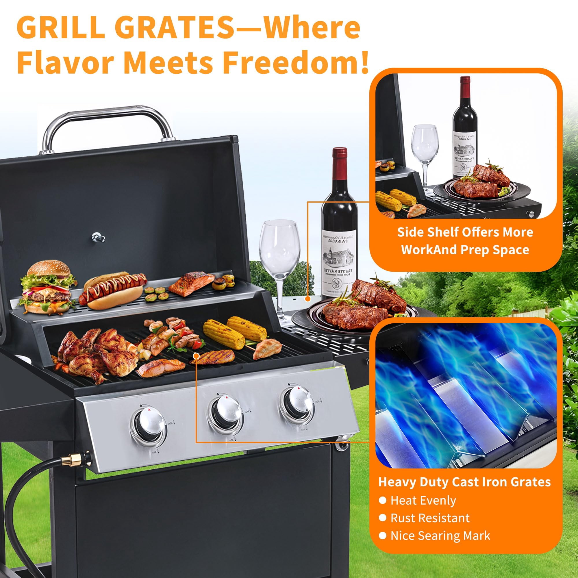 Highsound 3-Burner Propane Gas Grill, 25,650 BTU Stainless Steel BBQ Grill with Side Tables, Outdoor Portable Grill for Backyard & Camping, Black