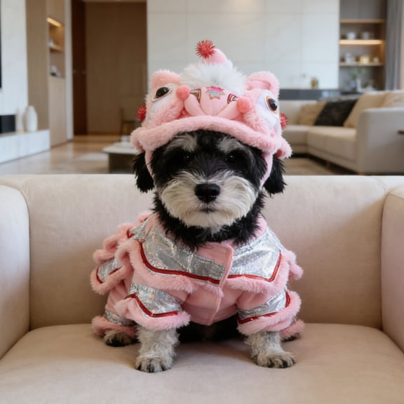 Pet Lion Dance Outfit Dog Winter Hoodie Pink Fleece 3D Lion Head Embellished Festive Warm Apparel For Small Medium Dogs(Pink-S)