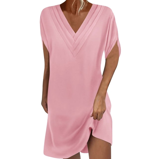 Liquidation d'Été 2025! Robe pour Femme Grande Taille, Liquidation de Robes d'Été pour Femmes, Robe Unie pour Femme à Manches Courtes, Col en V, Plissée, Manches Chauve-Souris