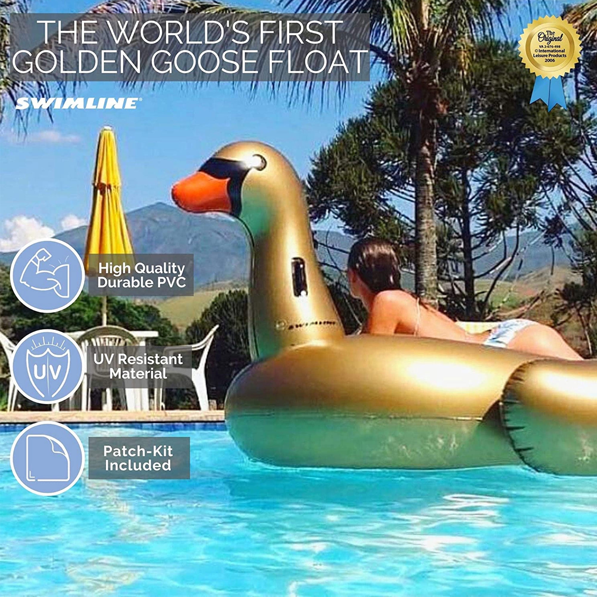 SWIMLINE ORIGINAL 90701 Inflatable Golden Goose Pool Float Floatie Ride-On Lounge W/ Stable Legs Wings Large Rideable Blow Up Summer Beach Swimming Party Lounge Big Raft Tube Decoration Toy Kids Adult