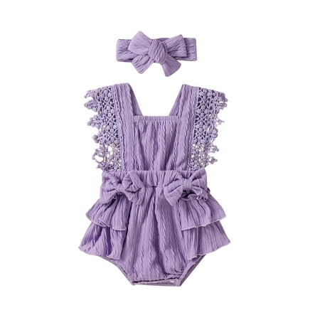 

ESASSALY Girl Summer Jumpsuit Lace Sleeves Square Neck Romper Headband