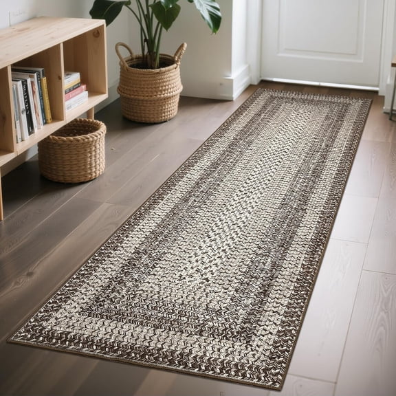2x6 Braided Print Runner Rug, Non Slip Washable Low Pile Farmhouse Carpet for Hallway Kitchen Entryway,Camel