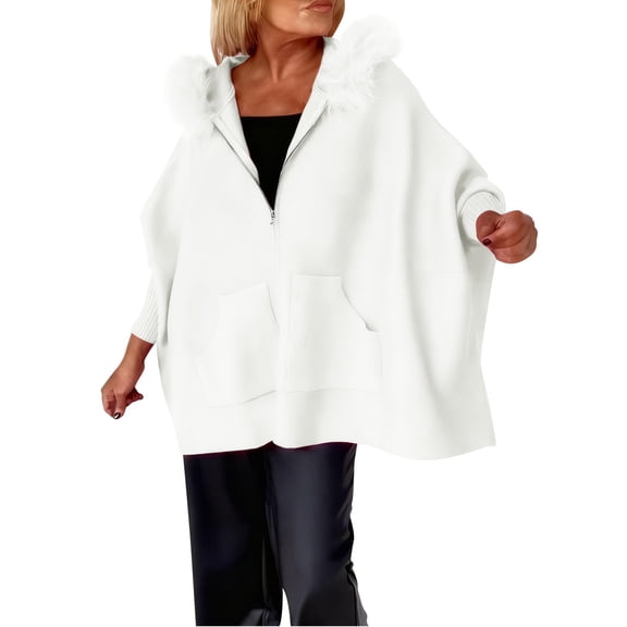 DAFPZW Womens Oversized Knit Poncho with Zipper Front Faux Fur Trim Hood Coat Long Sleeve Loose Fit Outerwear Jacket Fashion Clothes