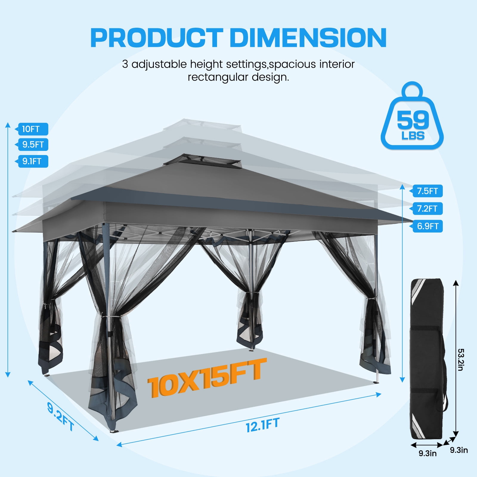 COBIZI 10x15 Pop-Up Gazebo with Mosquito Netting, Outdoor Patio Canopy Tent with 2-Tier Ventilated Roof, 3 Adjustable Heights, Provides 150 Sq Ft Shade, Dark Grey