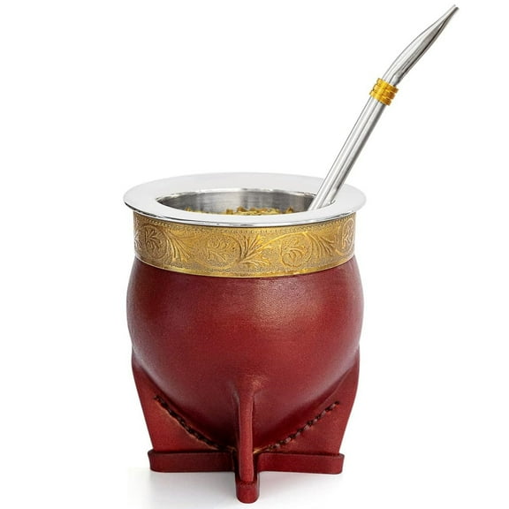 CUOPRU Baroque Style Argentina Yerba Mate Cup - Made by Handmade Leather and 304 Stainless Steel Tea Gourd with Bombilla(Straw) ,Cleaning Brush(Brown)