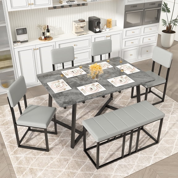 Paproos 6-Piece Dining Set, Modern Dining Table Set with Bench for 6, Rectangular Kitchen 6 Seater Table and Chairs Set, Space-Saving for Apartment & Family, Gray