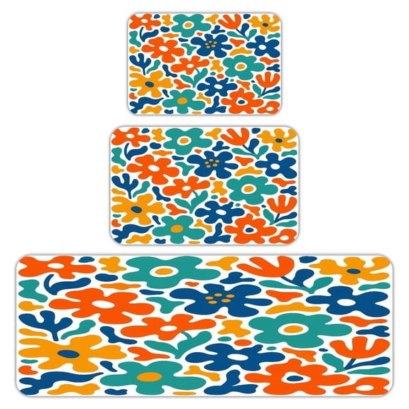 RKSupls Kitchen Rug Set 3 Piece Anti-Slip Flannel Floor Mats, Abstract Flower Pattern Washable Absorbent Runner Mats for Kitchen Bathroom Home Decor