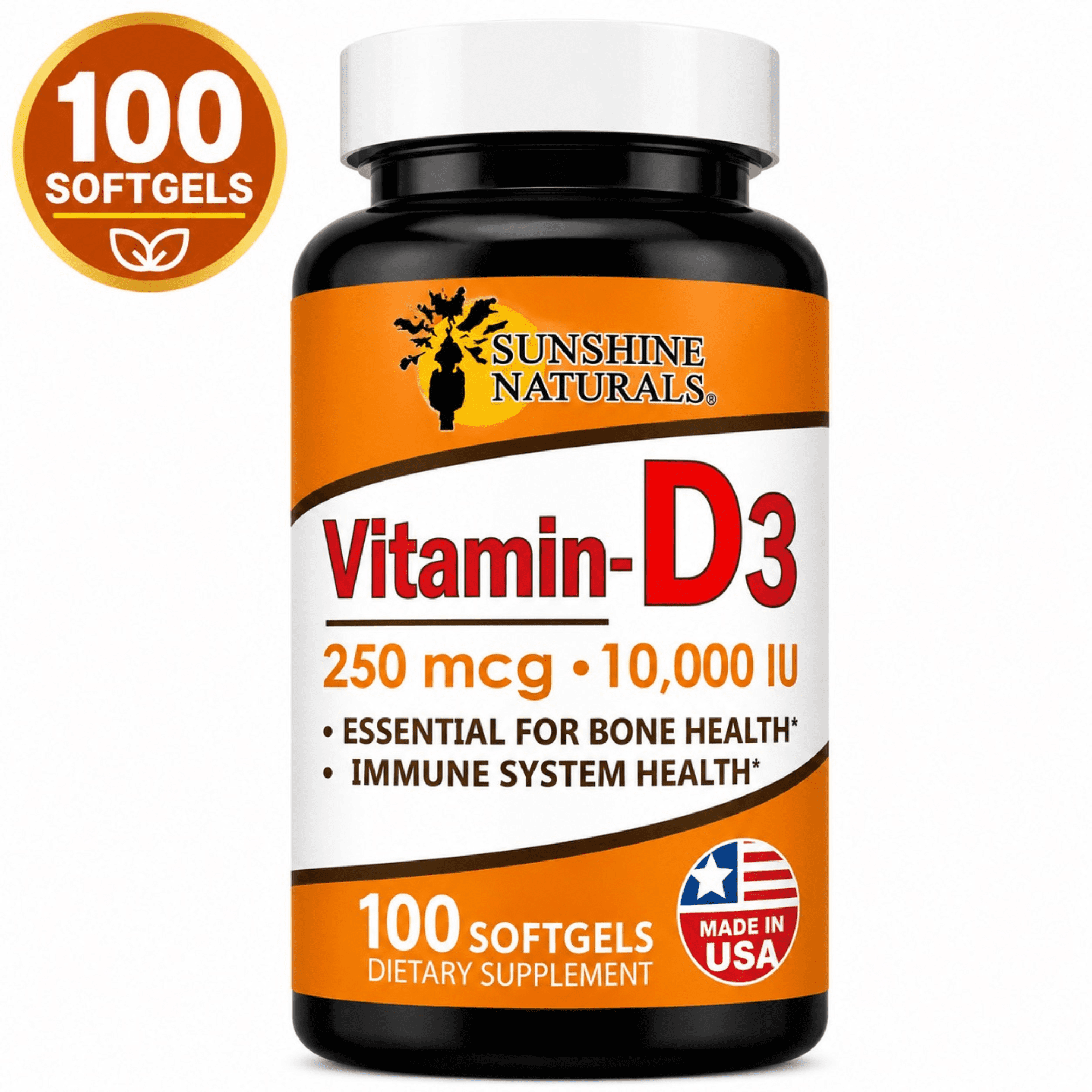 Sunshine Naturals Vitamin D3 10000 IU (250 mcg) Softgels, Vitamin D Supplement for Bone & Immune Health, 100 Count